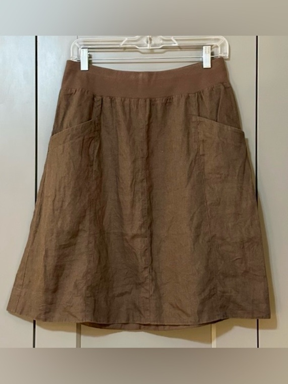 Eileen Fisher A-Line Skirt 100% Linen Pull-On Knee Length Pockets Brown Size XS